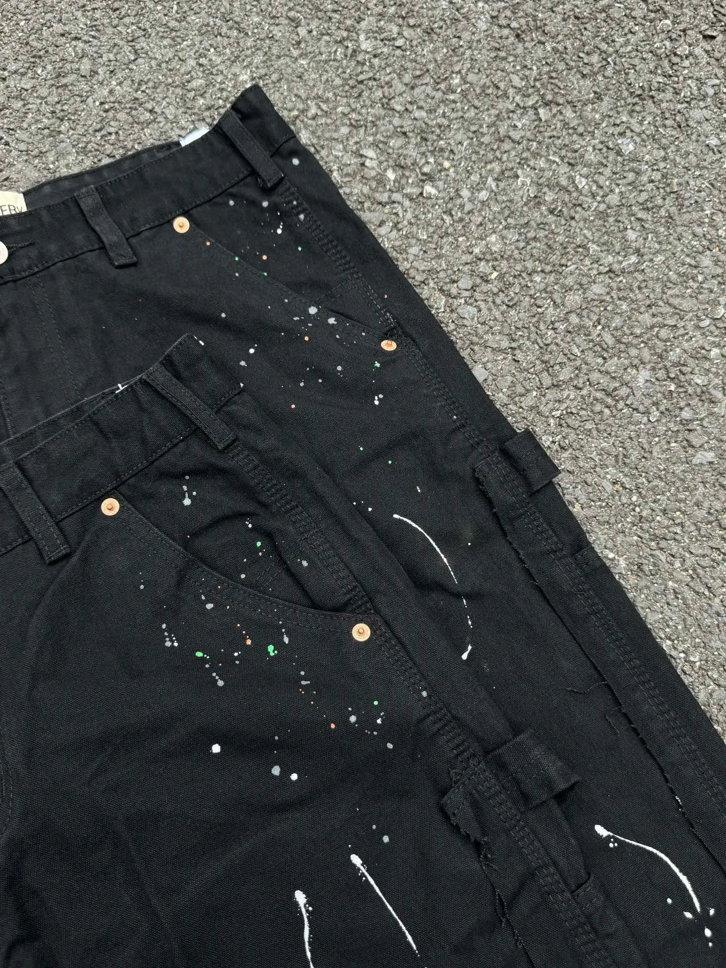 -Size upper body P220#G33 GALLERY DEPT. Spliced ​​washed retro jeans for men and women, high street splash-ink pants, micro-flared casual trousers, trendy couple, same style. Color: black. Size: S-XXL (corresponding to 28-36)